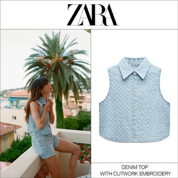 Zara Openwork embroidery denim top Size M & Shorts Size 6 US - Picture 1 of 10